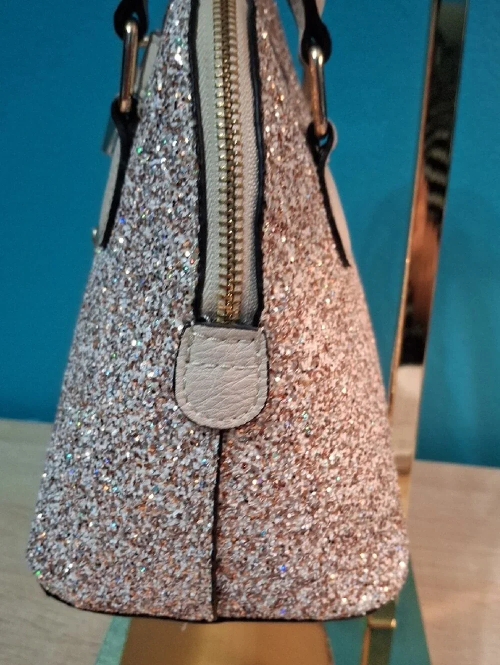 Aldo Rose Gold Glitter Satchel with Cream Handles